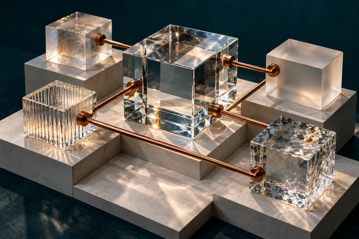 Glass source blocks connect through copper rods on a stepped ceramic base.